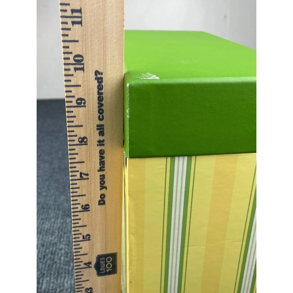 VTG. Hallmark Yellow Green Striped Card Storage Box w/Pullout Drawer 10.5x10x4.5